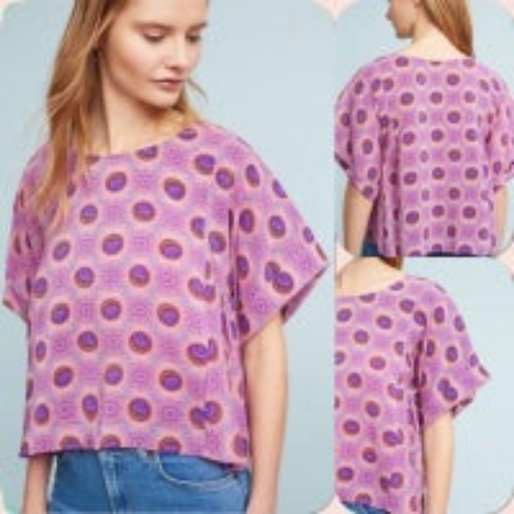 ANTHROPOLOGIE Maeve Milla Short Sleeve Print Top Size XS Pink Cropped Blouse